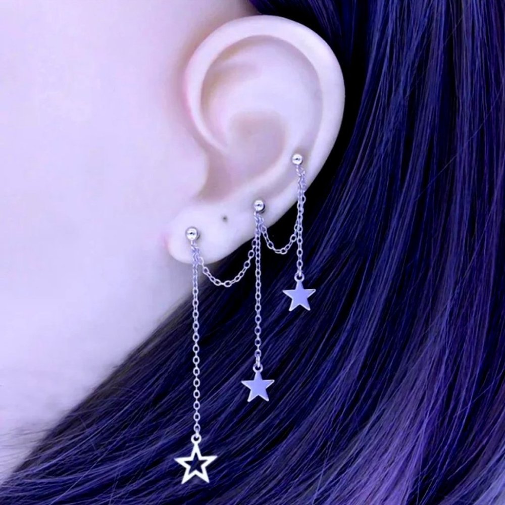Chain Star Earring set Lobe, Tragus, Helix or upper Lobe Stud Stainless Steel